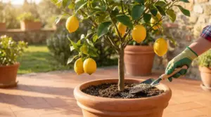 Concimazione di un albero di limoni in vaso su un patio soleggiato