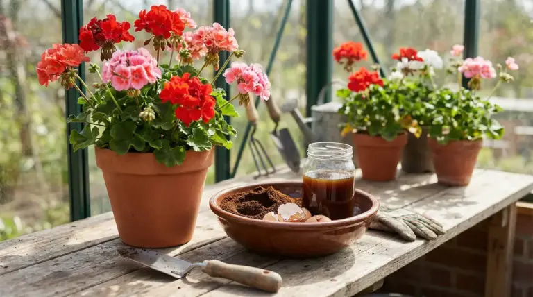 Vasi di gerani in fiore accanto a concime naturale fatto in casa su un tavolo di legno