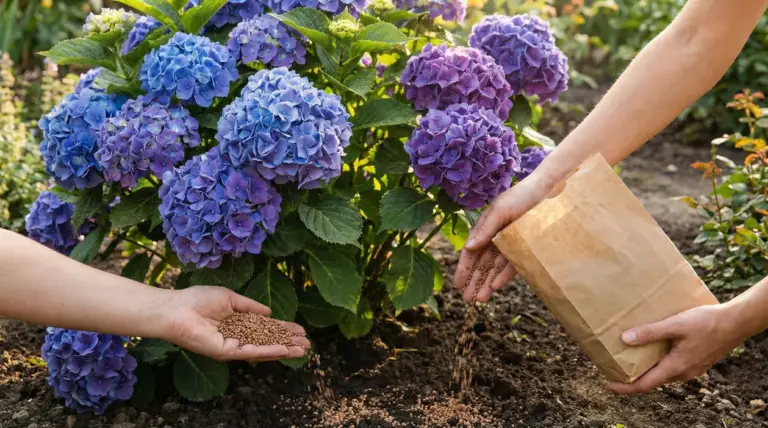 Due mani distribuiscono concime naturale vicino a ortensie in fiore in un giardino