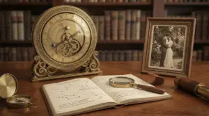 Orologio astrologico antico su scrivania con libro di costellazioni e foto d'epoca