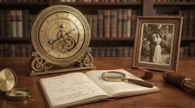 Orologio astrologico antico su scrivania con libro di costellazioni e foto d'epoca