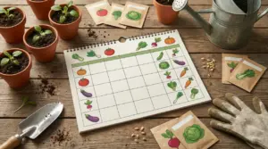 Calendario orticolo con semi, piantine in vaso e attrezzi da giardinaggio su un tavolo in legno