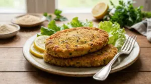 Cotolette vegetariane dorate servite con limone e insalata su un piatto di ceramica