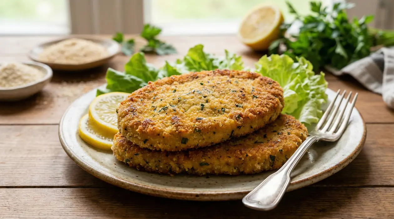 Cotolette vegetariane dorate servite con limone e insalata su un piatto di ceramica