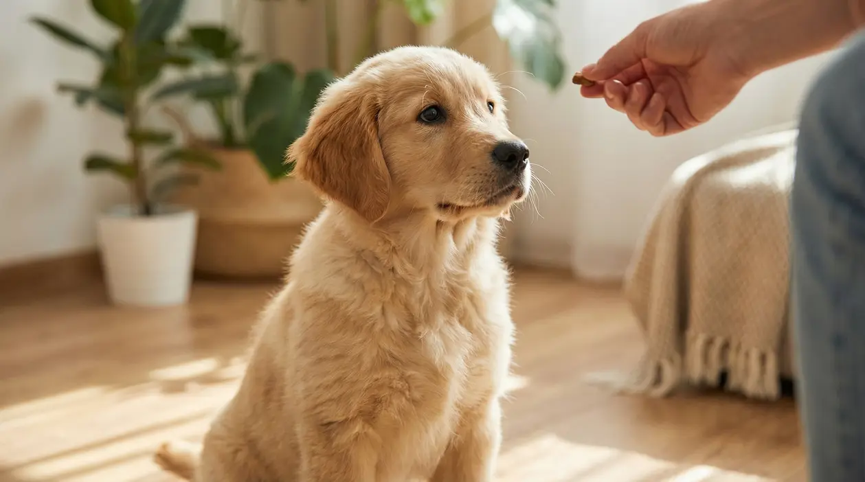 Cucciolo biondo seduto in casa mentre osserva una mano che tiene un premio