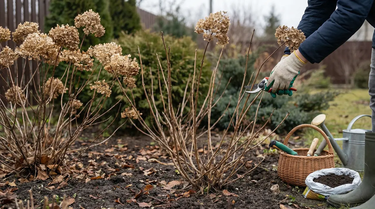 Potatura di ortensie secche in giardino durante il mese di febbraio