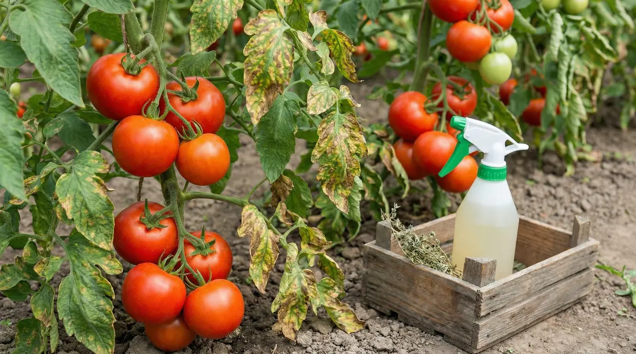 Pianta di pomodoro con foglie colpite da peronospora e rimedio naturale in spruzzatore