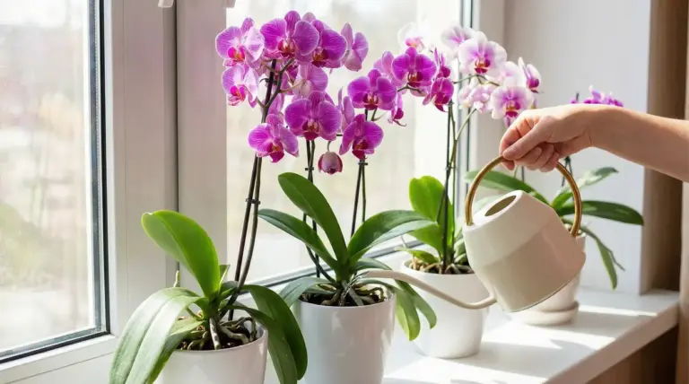 Orchidee in vaso con fiori viola e rosa vicino a una finestra mentre vengono annaffiate