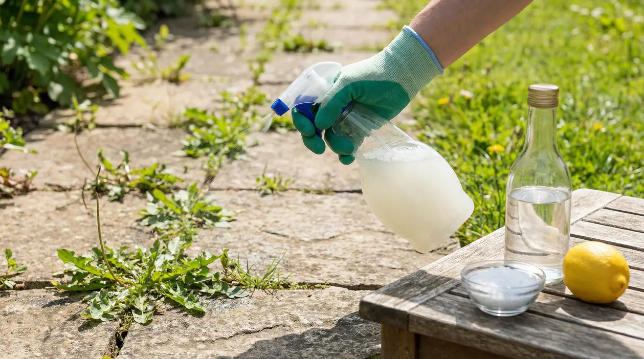 Una mano con guanto che spruzza un diserbante naturale su erbacce tra le fughe di pietra