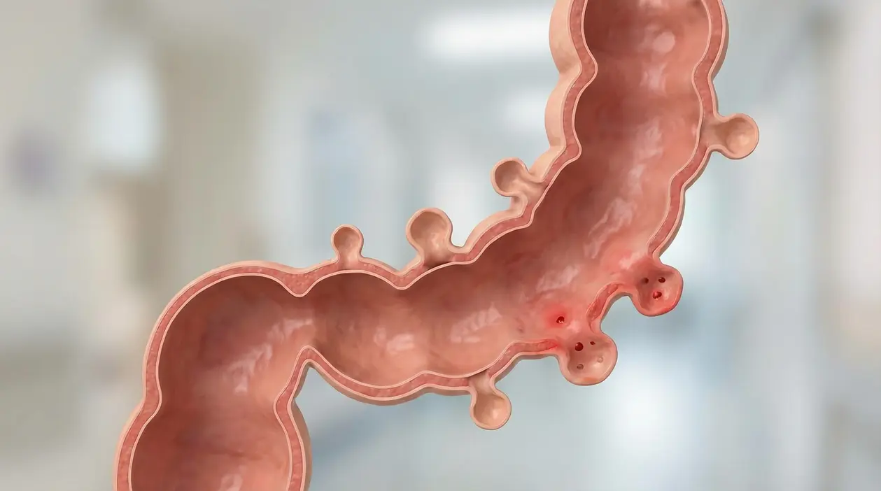 Sezione del colon con presenza di diverticoli visibili sulla parete intestinale