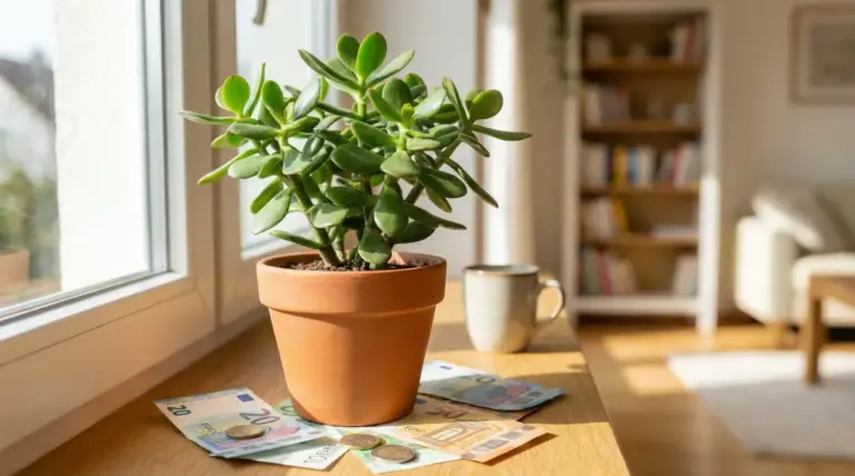 Pianta di albero di giada in vaso su un davanzale con banconote e monete