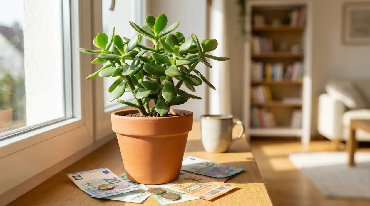 Pianta di albero di giada in vaso su un davanzale con banconote e monete