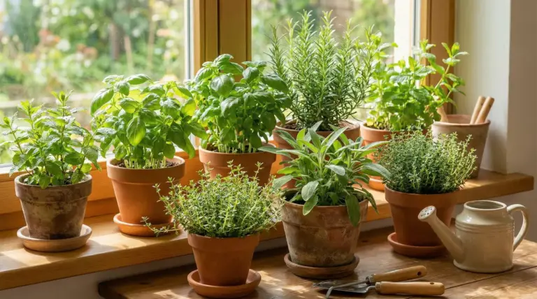 Vasi di piante aromatiche su un davanzale soleggiato in cucina