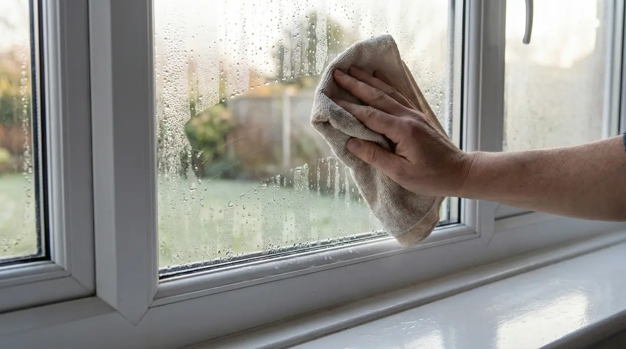 Mano che asciuga la condensa da una finestra con un panno