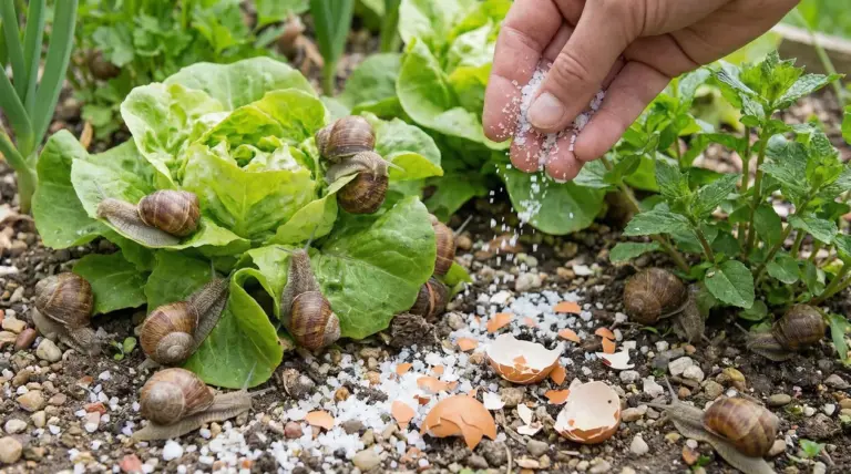 Lumache su piante in un orto con una mano che sparge sale e gusci d'uovo sul terreno