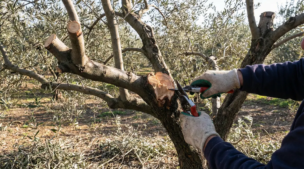 Una persona con guanti pota un ramo spesso di un albero di ulivo