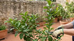 Persona con guanti da giardinaggio pota una pianta di limone in vaso su un terrazzo