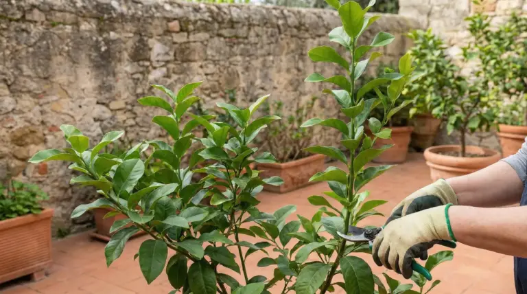 Persona con guanti da giardinaggio pota una pianta di limone in vaso su un terrazzo