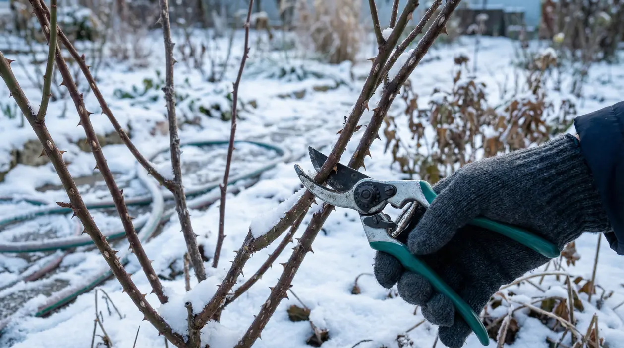 Mano con forbici da potatura che taglia rami di rosa in un giardino innevato