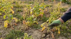 Mano con guanto estrae una pianta di cime di rapa secca da un terreno arido