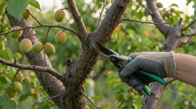 Potatura di un albero di albicocco con frutti ancora acerbi