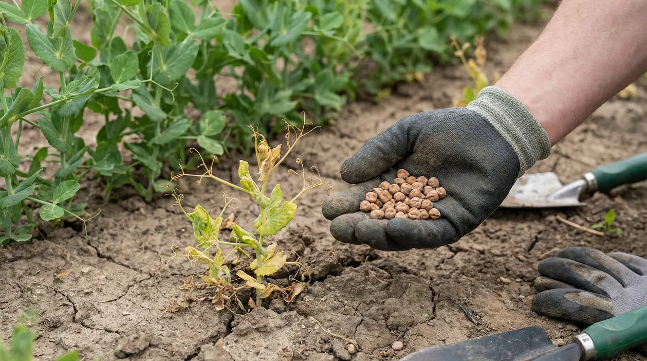Una mano con guanto tiene semi di piselli vicino a piante in un terreno secco