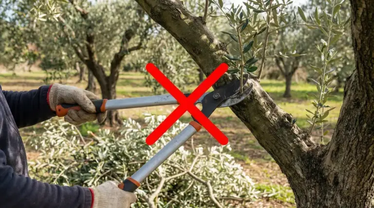 Persona con cesoie pota un ramo d'ulivo con un segno di divieto rosso sopra