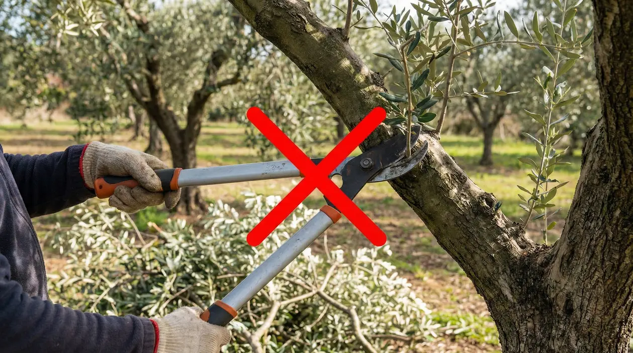 Persona con cesoie pota un ramo d'ulivo con un segno di divieto rosso sopra