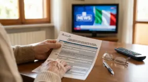 Persona anziana compila un modulo per l'esenzione dal canone RAI davanti a una televisione accesa