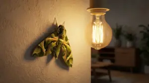 Falena verde posata su una parete vicino a una lampadina accesa in un ambiente domestico