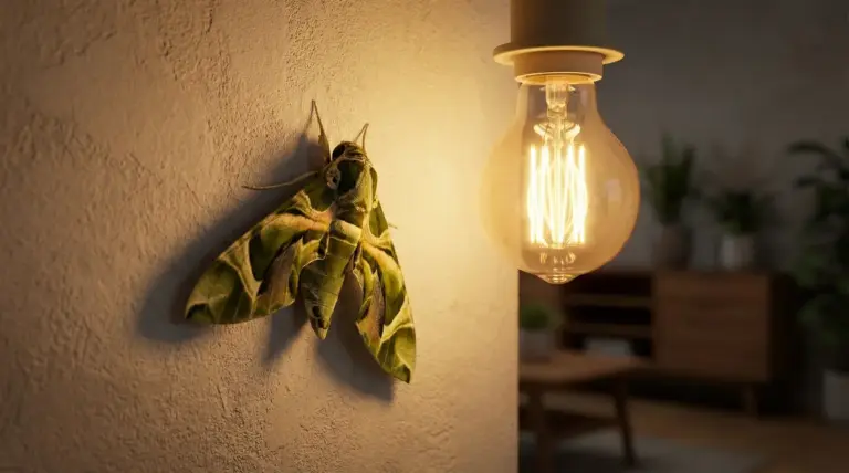Falena verde posata su una parete vicino a una lampadina accesa in un ambiente domestico