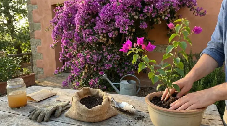 Mani che rinvasano una pianta di bouganville con una grande bouganville in fiore sullo sfondo