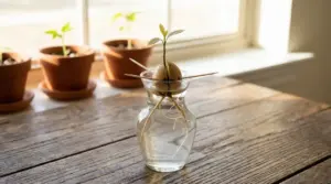 Seme di avocado con radici e germoglio in un vaso d'acqua su un tavolo di legno