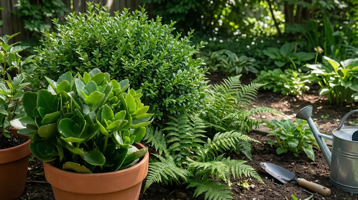 Piante verdi in vaso e utensili da giardinaggio in un giardino ombreggiato