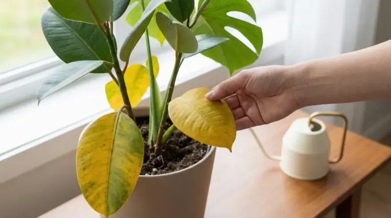 Mano che tocca una foglia gialla su una pianta in vaso vicino a una finestra