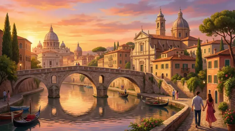 Coppia che passeggia lungo un canale romantico in una città italiana al tramonto