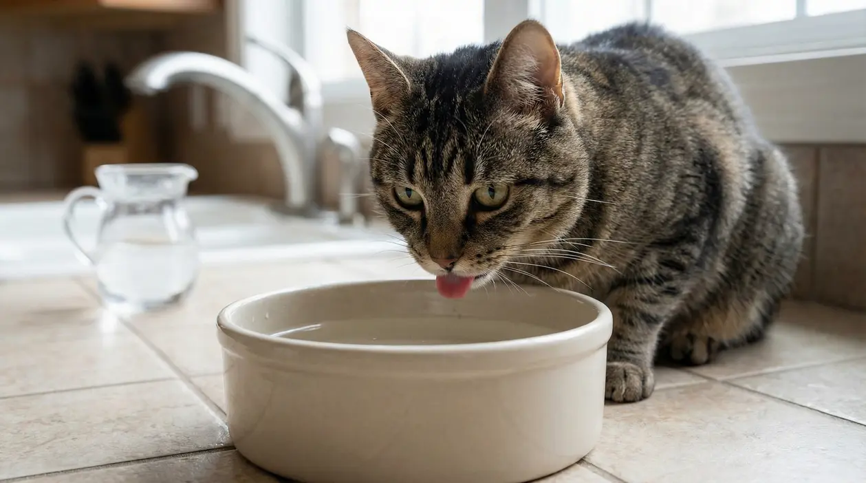 Gatto tigrato che beve da una ciotola d'acqua in una cucina ben illuminata