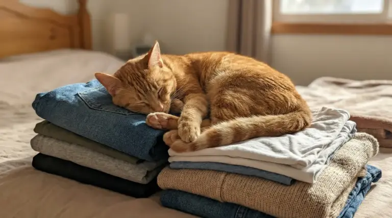 Gatto arancione che dorme su una pila di vestiti piegati su un letto