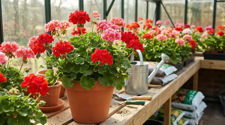 Vasi di gerani rossi e rosa in una serra, con attrezzi da giardinaggio e annaffiatoio sul tavolo
