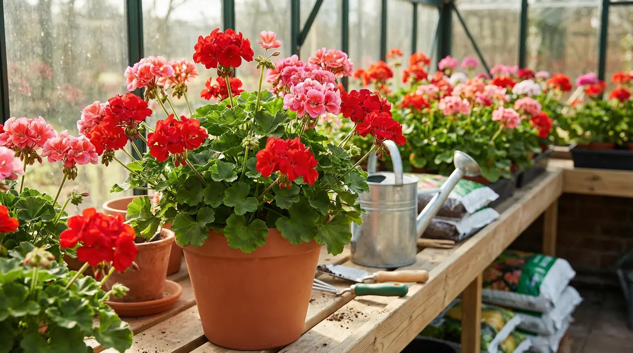 Vasi di gerani rossi e rosa in una serra, con attrezzi da giardinaggio e annaffiatoio sul tavolo