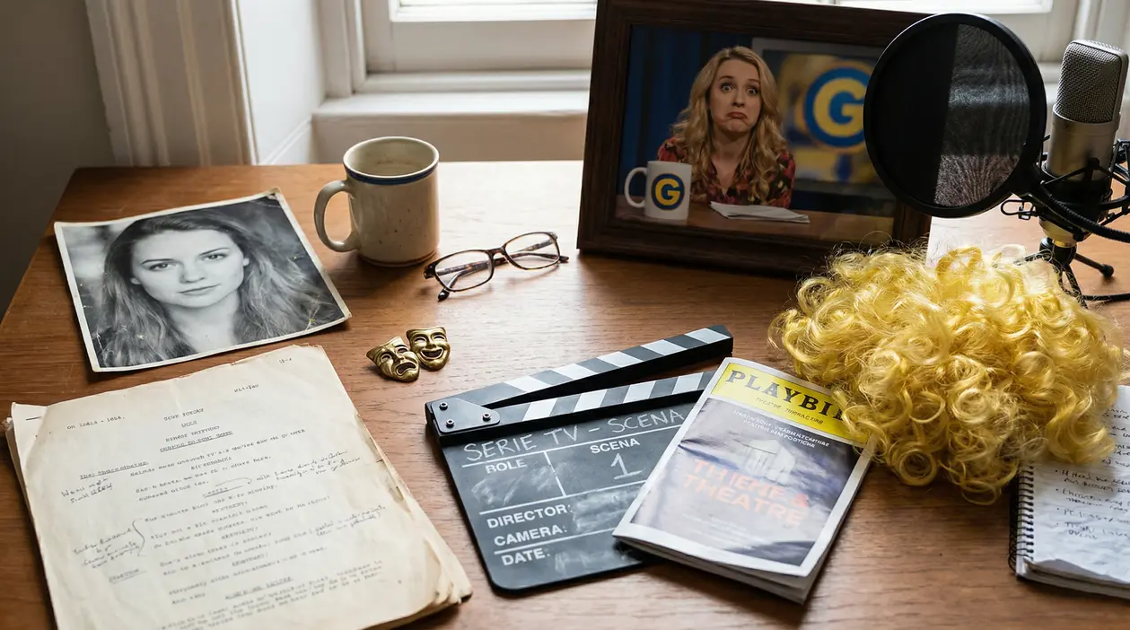 Scrivania con copione teatrale, parrucca bionda riccia, microfono, clapperboard e fotografia in bianco e nero di una donna
