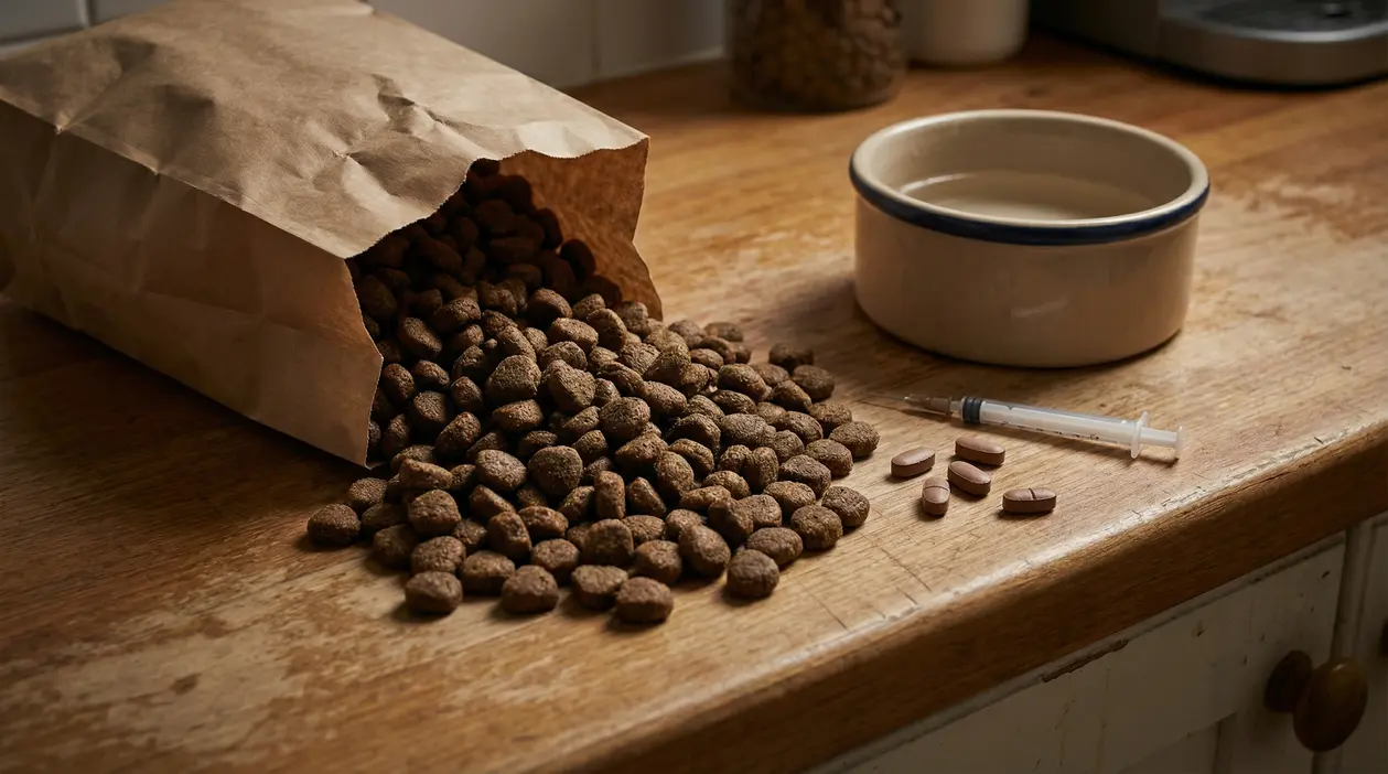 Crocchette sparse su un tavolo accanto a una ciotola, alcune pillole e una siringa