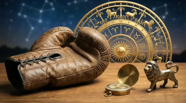 Guantone da boxe, bussola e simboli zodiacali su un tavolo di legno