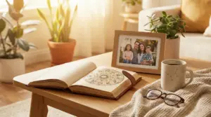 Tavolino con libro di astrologia, foto incorniciata di una famiglia e tazza decorata con costellazioni