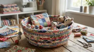 Cestino colorato realizzato con avanzi di tessuto contenente pupazzi e accessori cuciti a mano