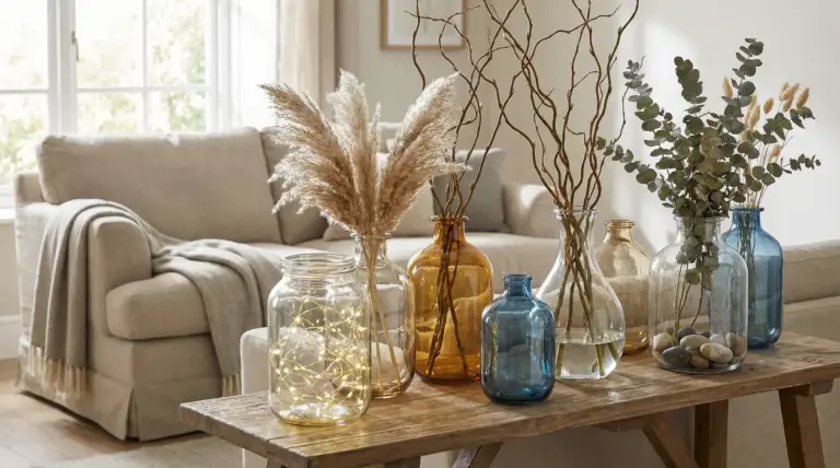 Vasi di vetro decorativi con luci, rami e piante secche su un tavolino in salotto