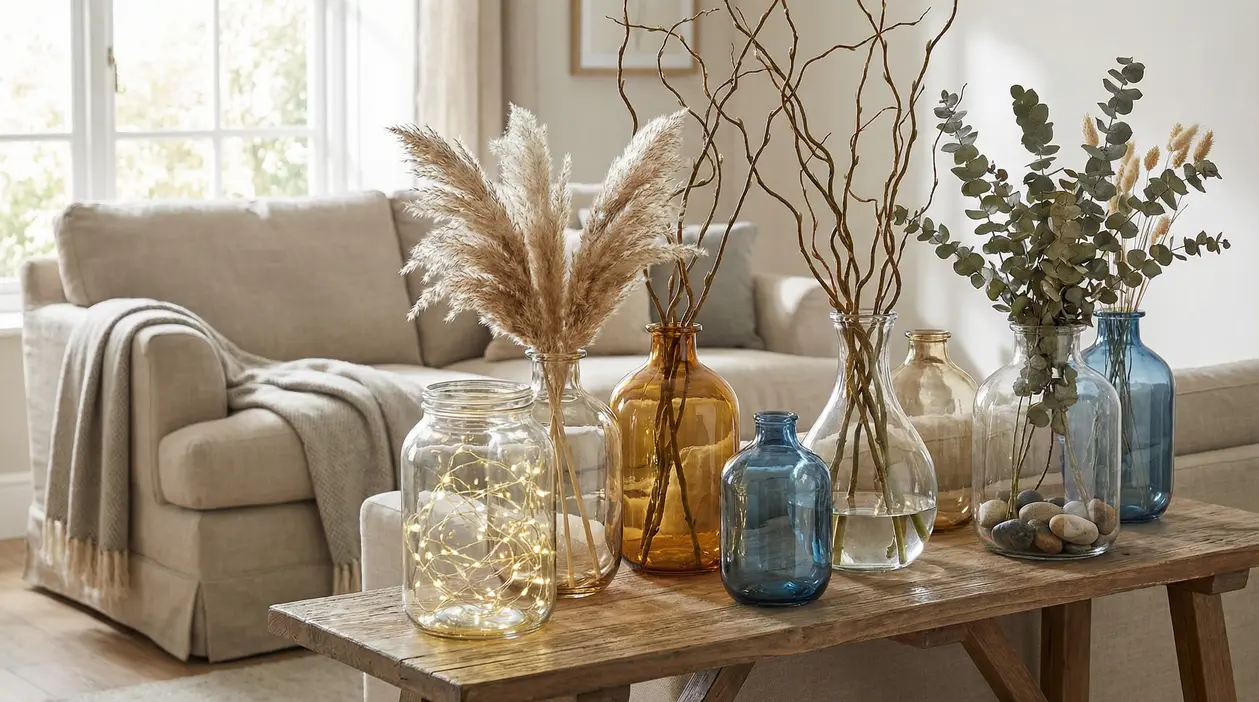 Vasi di vetro decorativi con luci, rami e piante secche su un tavolino in salotto