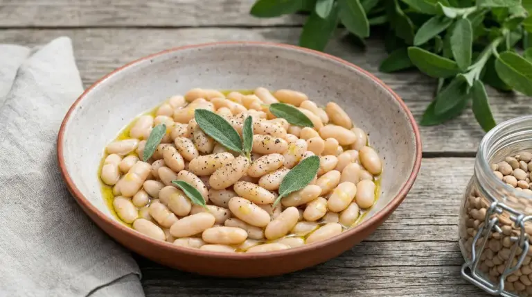 Piatto di fagioli bianchi con salvia e olio d'oliva su tavola rustica