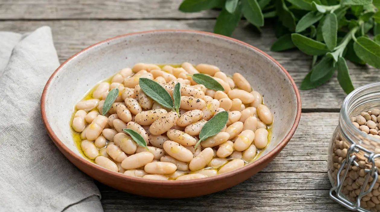 Piatto di fagioli bianchi con salvia e olio d'oliva su tavola rustica