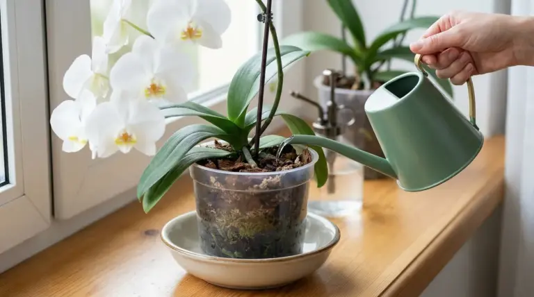 Annaffiatura di un'orchidea in vaso trasparente accanto a una finestra